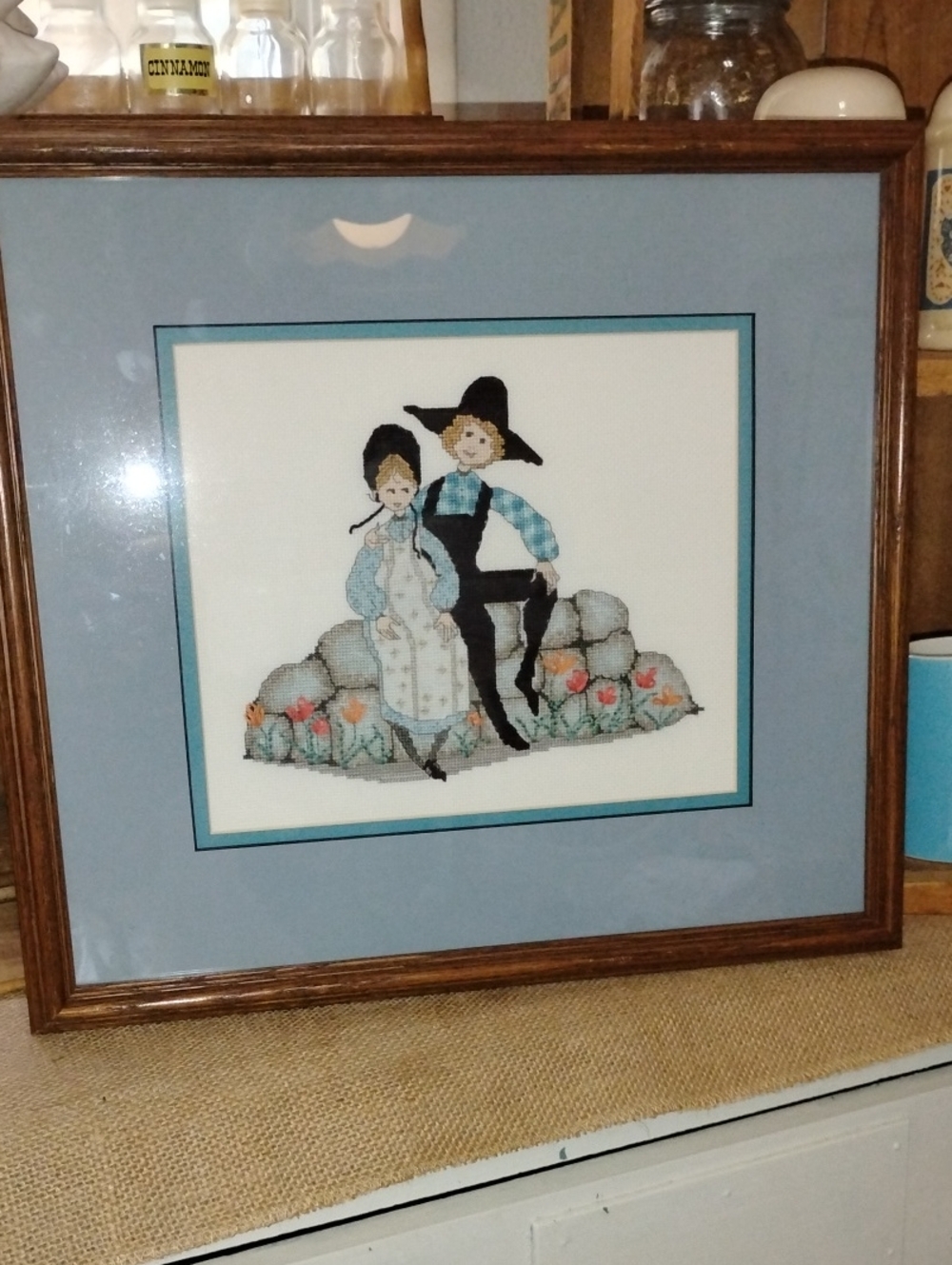 Vintage PB MOSS "Happy Together" Framed Matted Cross-stich Amish Country Decor